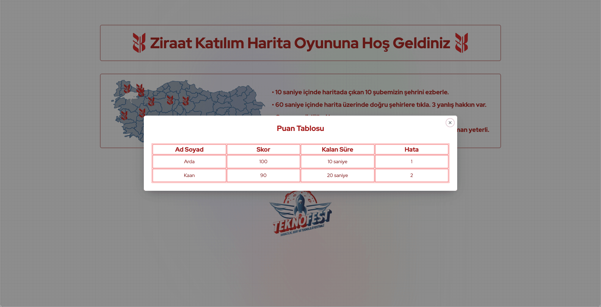 Ziraat Katılım Map Memory Game Scoreboard